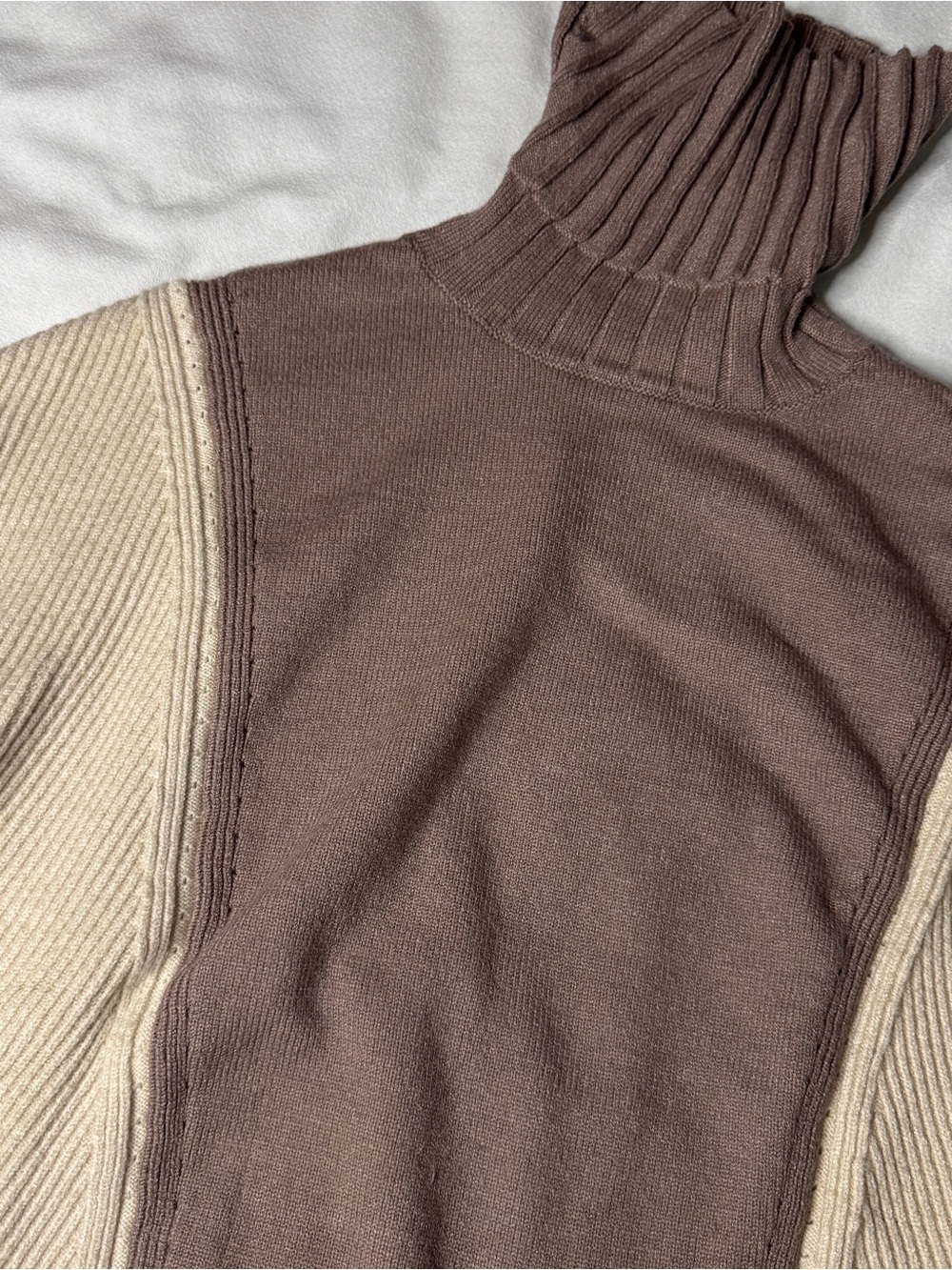 Colorblock Turtleneck Sweater in Cream and Brown -Max Studio - Picture 2 of 6